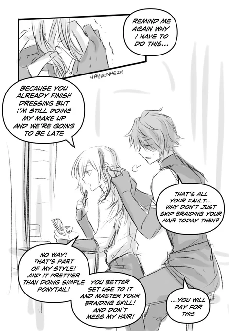 #haikaveh rkgk

I like to think alhaitham, who already finish dressing. forced to help kaveh braid his hair because kaveh is not even finish his skincare routine yet😂 