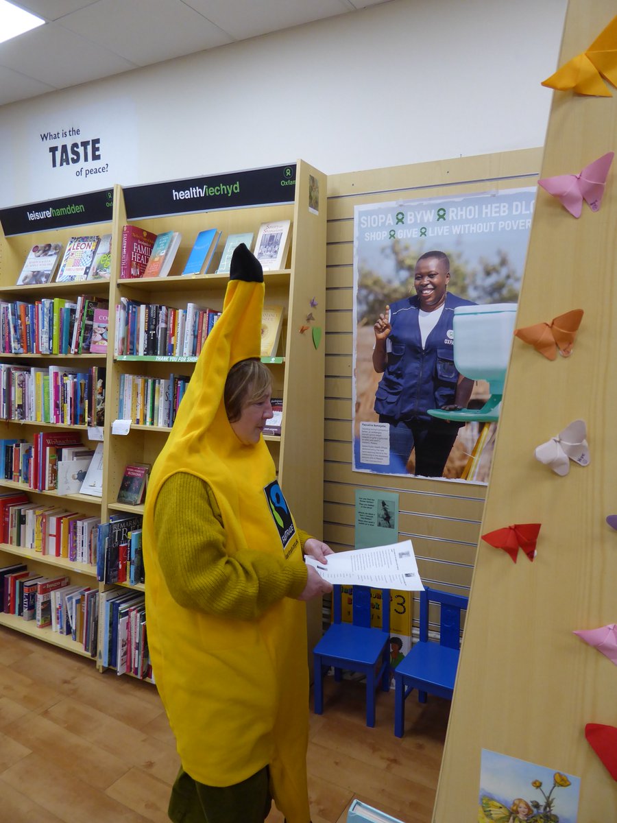 #Fairtrade bananas looking for the #fairies on the new #flowerfairies trail in our #Oxfam shop!
#FairtradeFortnight #WorldBookDay #Swansea #CicelyMaryBarker