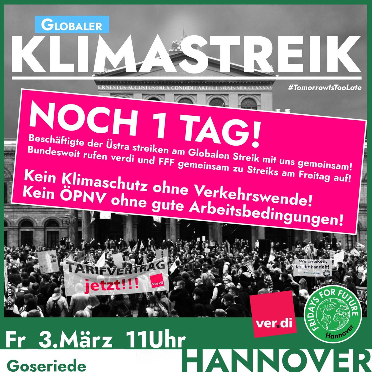 ❗️MORGEN KLIMASTREIK ❗️
Gemeinsam für #verkehrswendejetzt und gute Arbeitsbedingungen im ÖPNV!