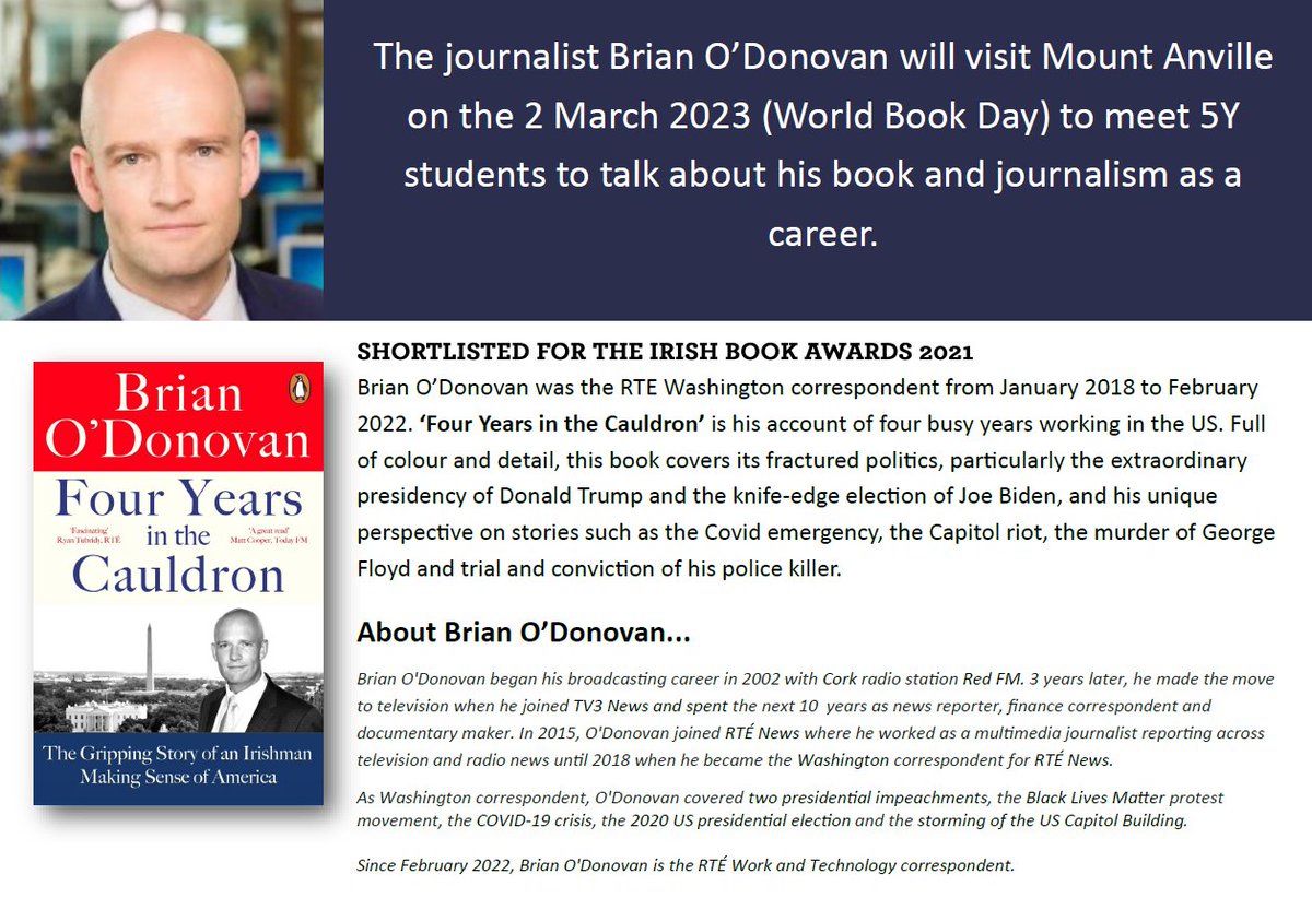 MountAnville_Lib (@mountanvillelib) on Twitter photo A huge thank you to the journalist and broadcaster
<a href="/BrianOD_News/">Brian O'Donovan</a> who spoke to 5Ys about journalism, his time as Washington Correspondent and the challenges of social media. His book ‘Four Years in the Cauldron’ is a must-have for every library.
<a href="/LiteracyLink1/">PDST Post-Primary Literacy Link</a>
<a href="/mtanville/">Mount Anville Secondary School</a> A huge thank you to the journalist and broadcaster
<a href="/BrianOD_News/">Brian O'Donovan</a> who spoke to 5Ys about journalism, his time as Washington Correspondent and the challenges of social media. His book ‘Four Years in the Cauldron’ is a must-have for every library.
<a href="/LiteracyLink1/">PDST Post-Primary Literacy Link</a>
<a href="/mtanville/">Mount Anville Secondary School</a>