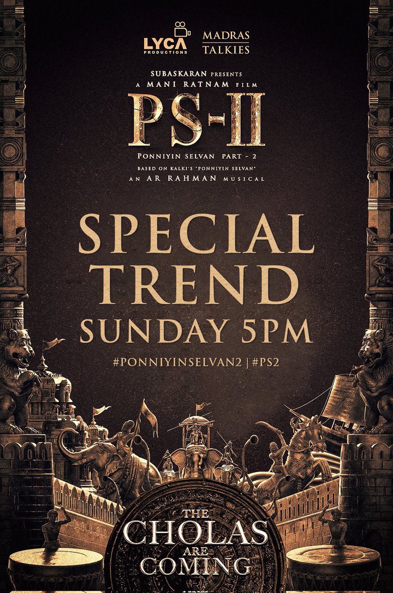 TeamTammuFC's tweet photo. • Indian Pride #PonniyinSelvan2 Special Trend on This Sunday @ 5 pm ! 💥

Wishes from Tammy &amp; Fans 🤩❤️

#Karthi #ChiyaanVikram #JayamRavi #AishwaryaRaiBachchan #Trisha #Maniratnam #ARRahman #PonniyinSelvan #PonniyinSelvan1 #PS1 #PS2 https://t.co/b9hWypR4yZ