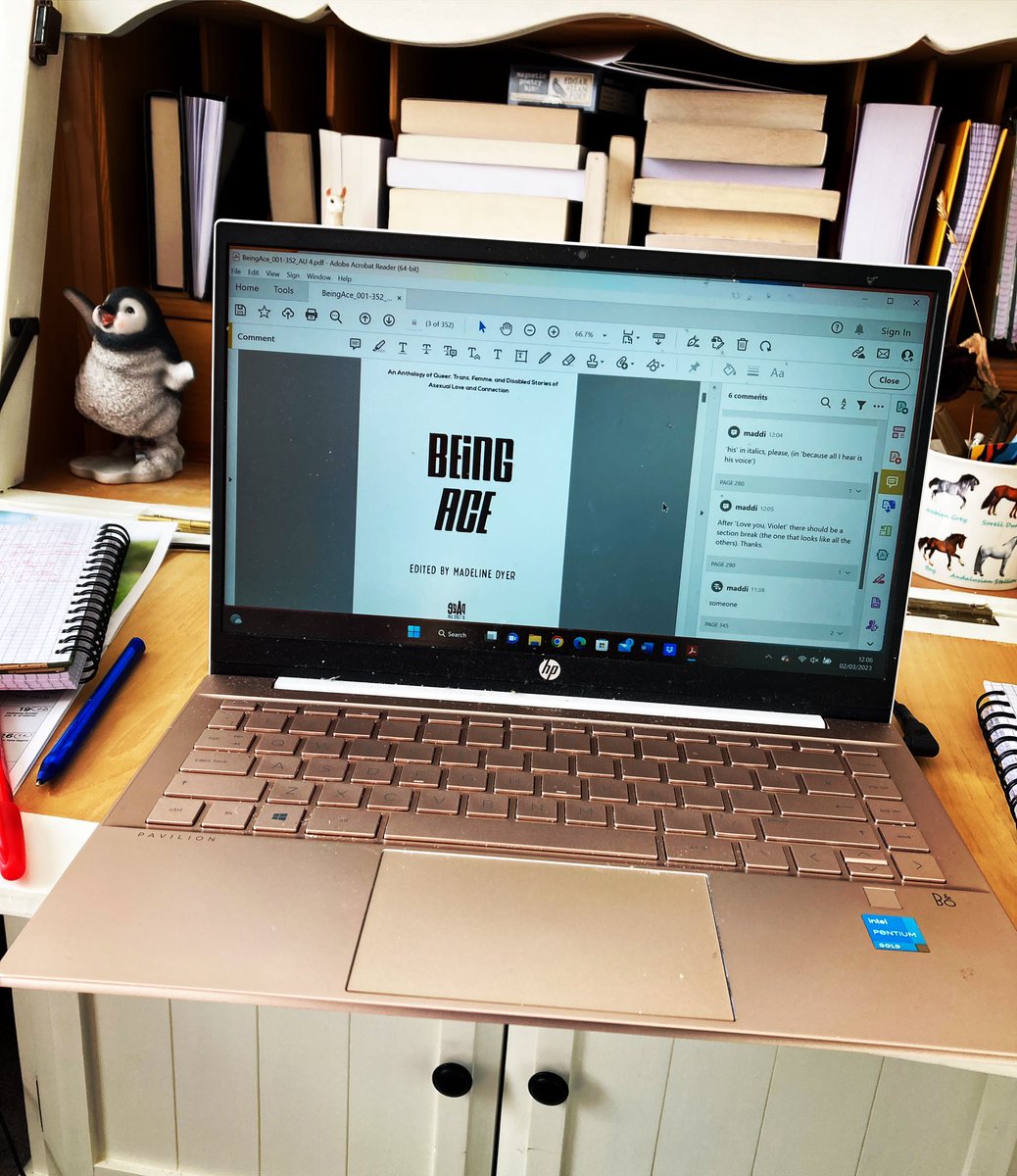 Currently doing a final read through of Being Ace, before it goes off for printing!!! 👀 I’m so, so proud of this anthology and all the incredible authors in it! 💜 352 pages of stories all about asexual love and connection! What more could you ask for?! books2read.com/u/bONxgE