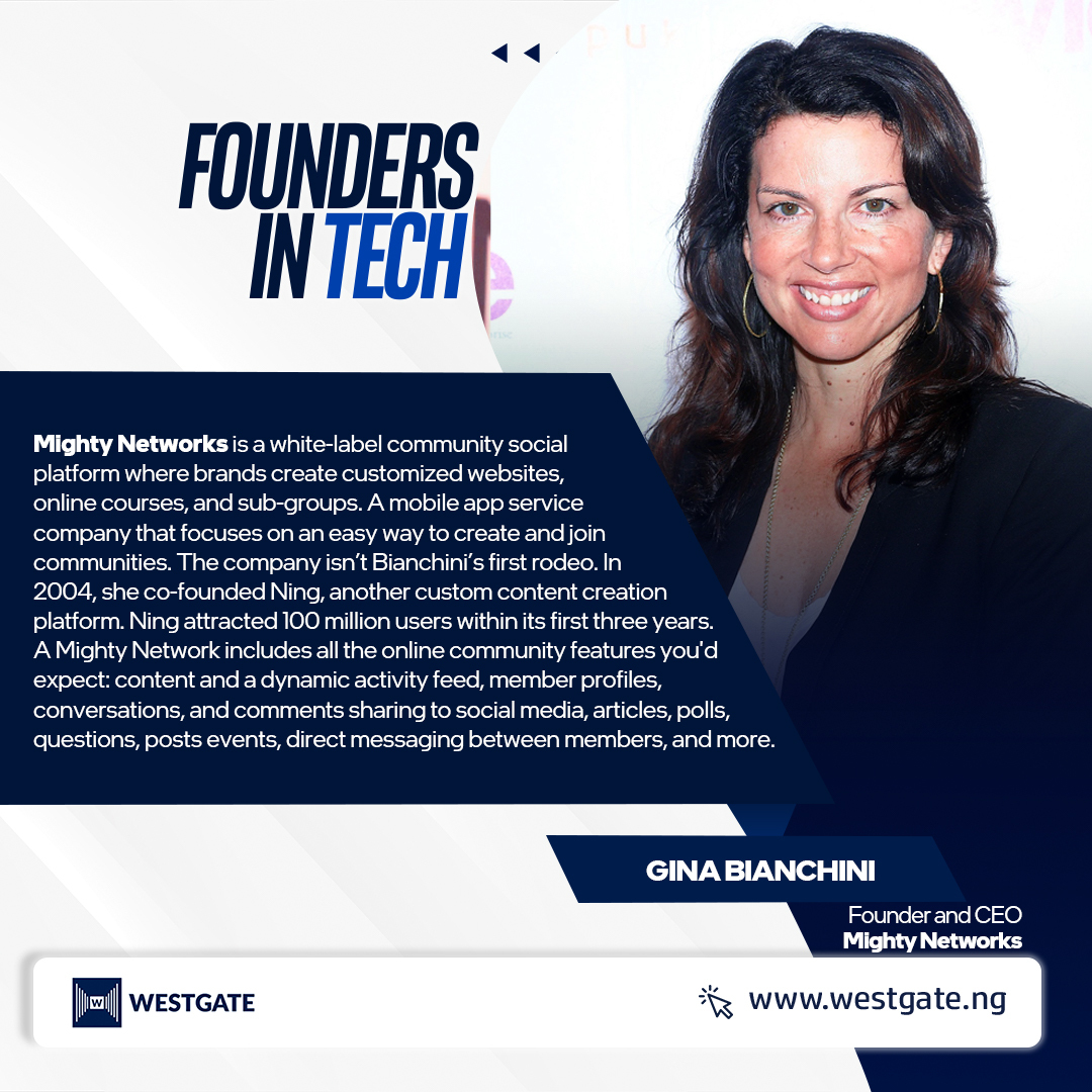 westgateng_'s tweet image. Gina Bianchini 💻🌏

In today&apos;s edition of #foundersintech, we feature Gina Bianchini. The 51-year-old American entrepreneur and investor grew up in Cupertino, California, graduated with honors from Stanford University, where she started her career in the nascent High Technology.