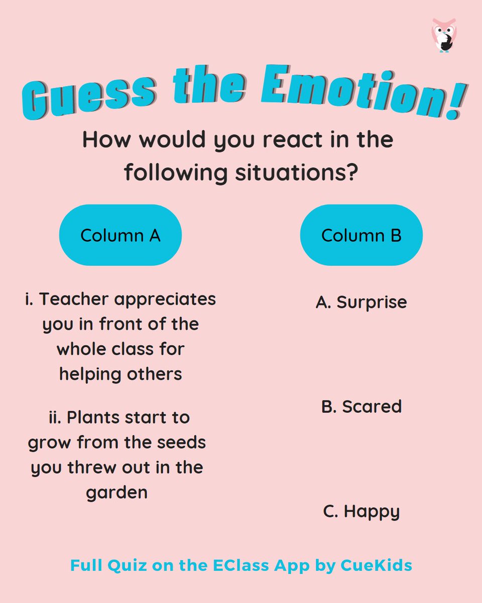 Are you able to guess the emotions right? Let us know your answers below.

Full quiz here - bit.ly/e-classapp. Complete now! 💯

#quiz #QuizTime #kidsquiz #Emotions #eclass #cuekids #kids