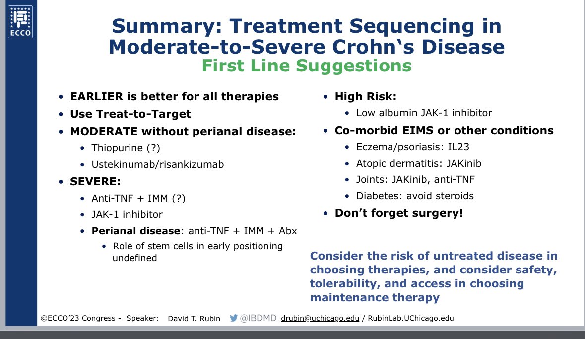 Highlights from this new talk and sequencing in #Crohns. 
▶️ Risk:benefit considerations are dynamic &amp; depend on the severity and the phase of management. 
▶️ Treat-to-target should guide therapy choice. 
▶️ progress in clinical immunology is helping with some choices. 
#ECCO23