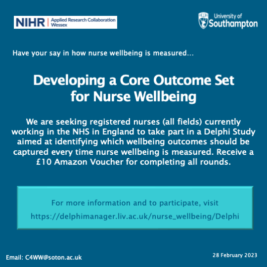 Nurses have your say in how #NHS #Nurse #Wellbeing should be measured by participating in our Delphi study to develop a core outcome set for measuring nurse wellbeing. #BePartofResearch delphimanager.liv.ac.uk/nurse_wellbein…