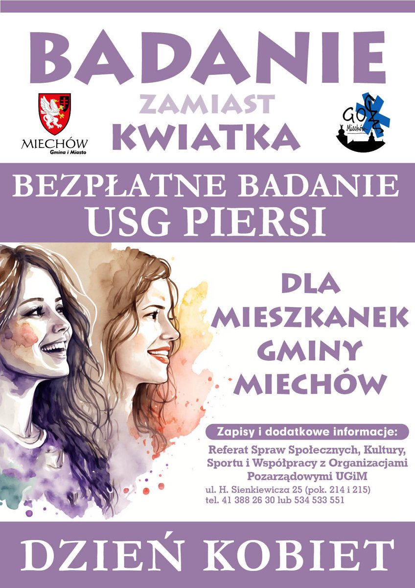<a href="/GminaMiechow/">Gmina Miechów</a> z okazji #DniaKobiet organizuje darmowe USG piersi dla mieszkanek 😊🌷

więcej info 👉tiny.pl/wksq5

Zapraszamy do zapisów! 
#badaniezamiastkwiatka #Miechów