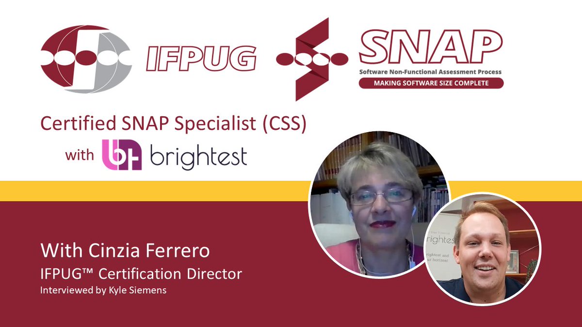 We're proud to launch the IFPUG Certified SNAP Specialist (CSS) certification via <a href="/BrightestOrg/">Brightest</a> in #English.

On our YouTube channel, <a href="/SiemensKyle/">Kyle Siemens</a> interviews Cinzia Ferrero (<a href="/IFPUG/">IFPUG, International Function Points Users Group</a> Certification Director), as she answers the FAQs about this level: lnkd.in/esvuW3iM.