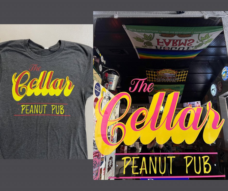 Remember The Cellar Peanut Pub 30 years ago?  That dark little Pub in Oskaloosa with this logo and the mirror behind the bar?  We went back to our roots for this tshirt.  You can have your nostalgia with this new Tee.