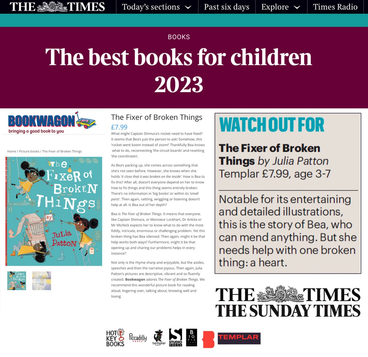 HAPPY #worldbookday23 Very grateful for a 'WATCH OUT FOR' ☞ from @thetimes @thetimesbooks @thesundaytimes_ @templarbooks special thanks to @NicoletteJones @genevievew22  #kidlit #childrensbooks #kidsbooks #kidlitart #picturebook #childrensbook #childrensbookillustration #author