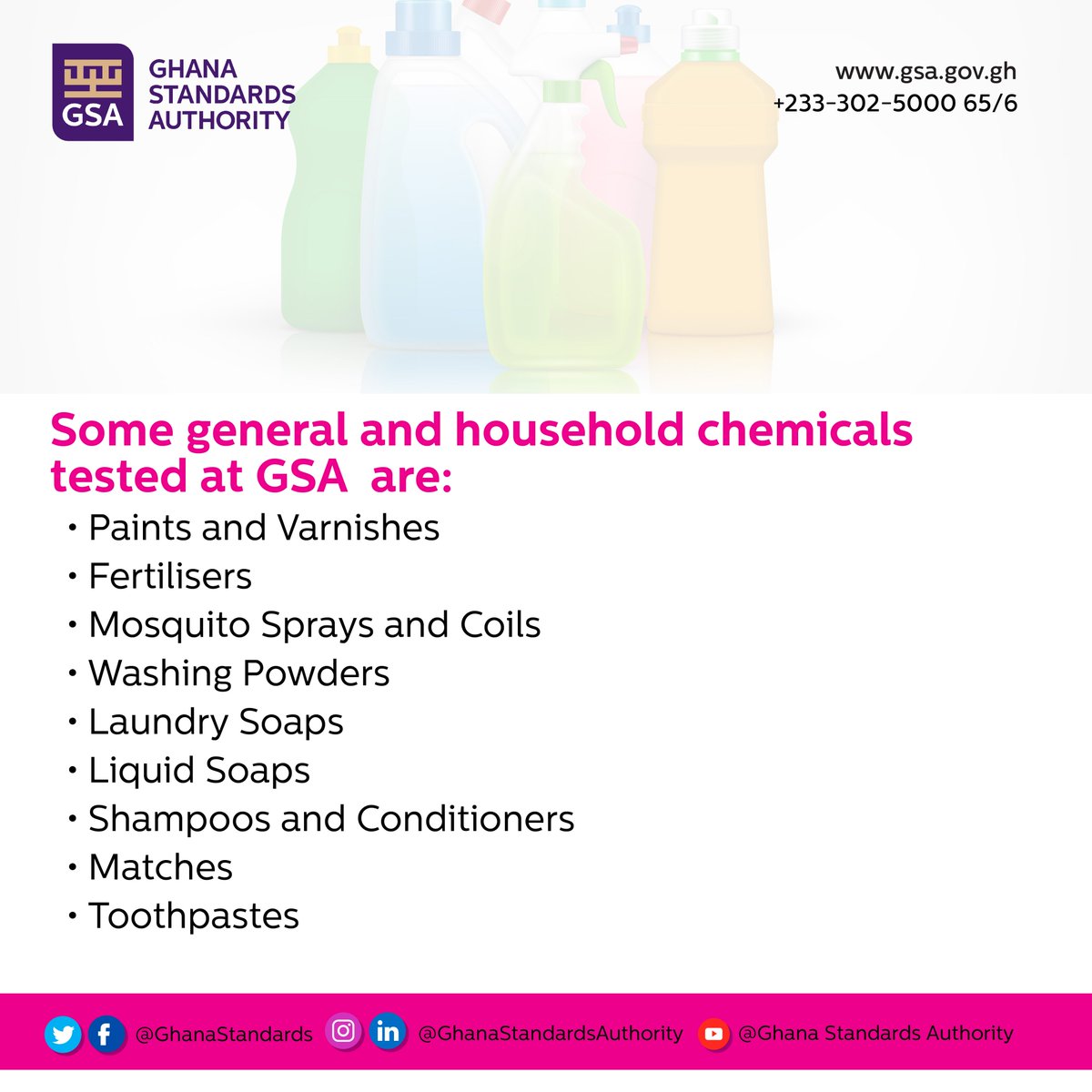 GhanaStandards's tweet image. Are you an SME or individual venturing into the business of general and household chemicals? Reach out to us and get your chemicals TESTED at GSA&apos;s internationally accredited laboratories.

For more information, kindly call 0302500065/6