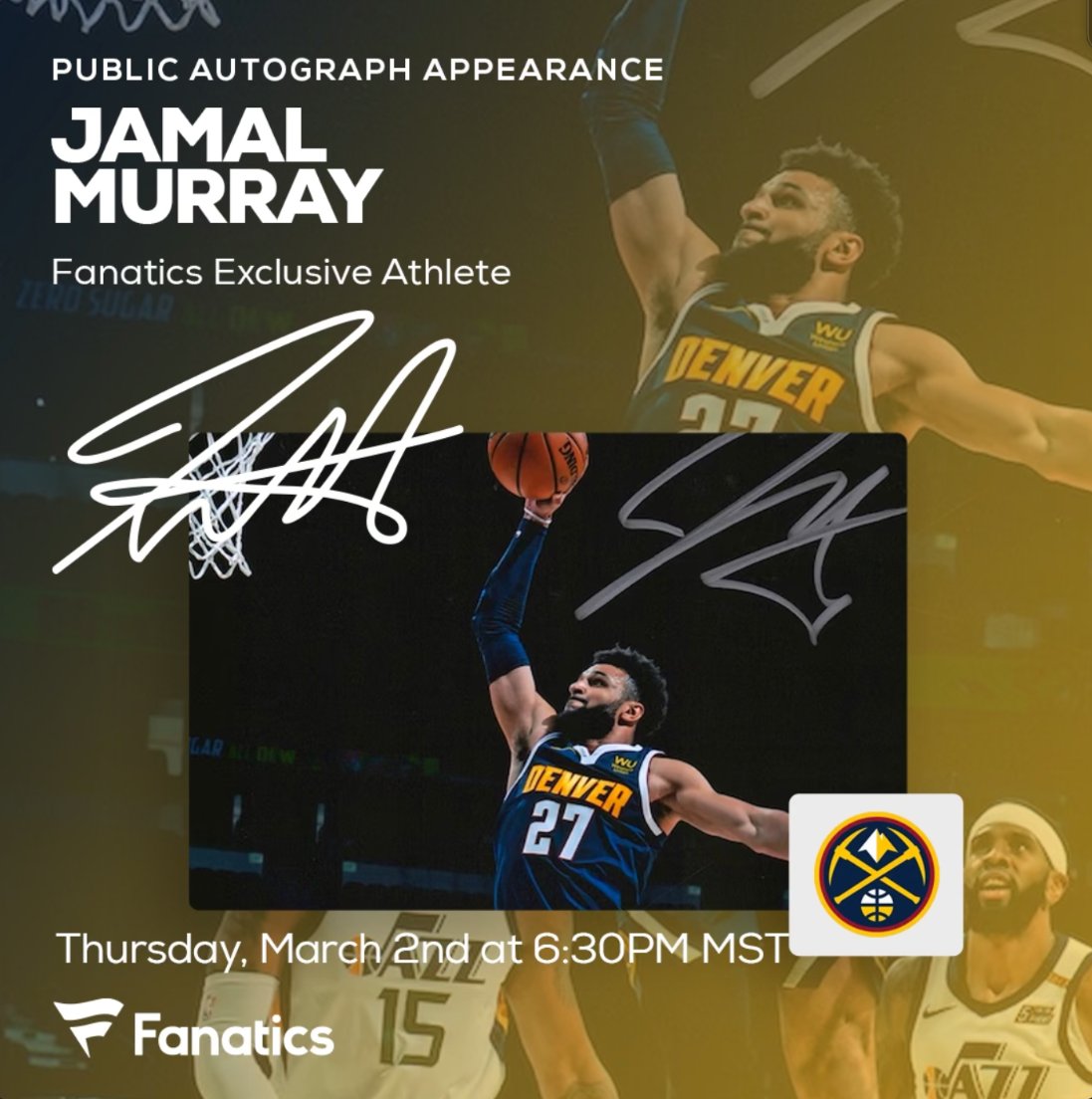 What’s up @nuggets fans, I'll be meeting fans and signing autographs ✍️ at Denver Autographs at 12540 W Cedar Drive Lakewood CO on Thurs. Mar. 2nd at 6:30pm MST! Looking forward to seeing you there! #FanaticsExclusive

To get tickets and learn more visit  bit.ly/3lWC9F6