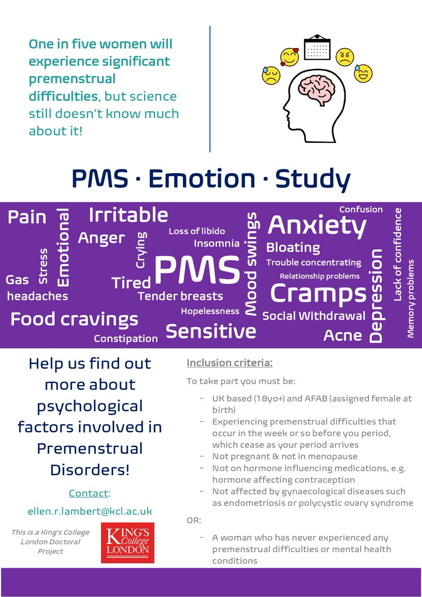 PMSEmotionStudy's tweet image. We are NOW RECRUITING for our NEW study looking at Emotional Processing in Premenstrual Disorders. 

Please get in touch if you are: 

- are someone who experiences Premenstrual Difficulties;
OR
-  are someone who has never experienced PMDs or MH difficulties

Details below!