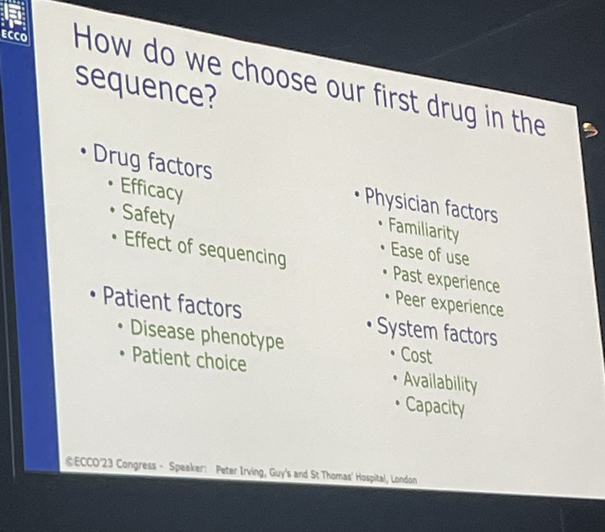 Pragmatic summary of drug sequencing in UC. #ECCO23. Evidence allows for individual decision making taking into account patient factors, drug factors, system factors and clinician factors.