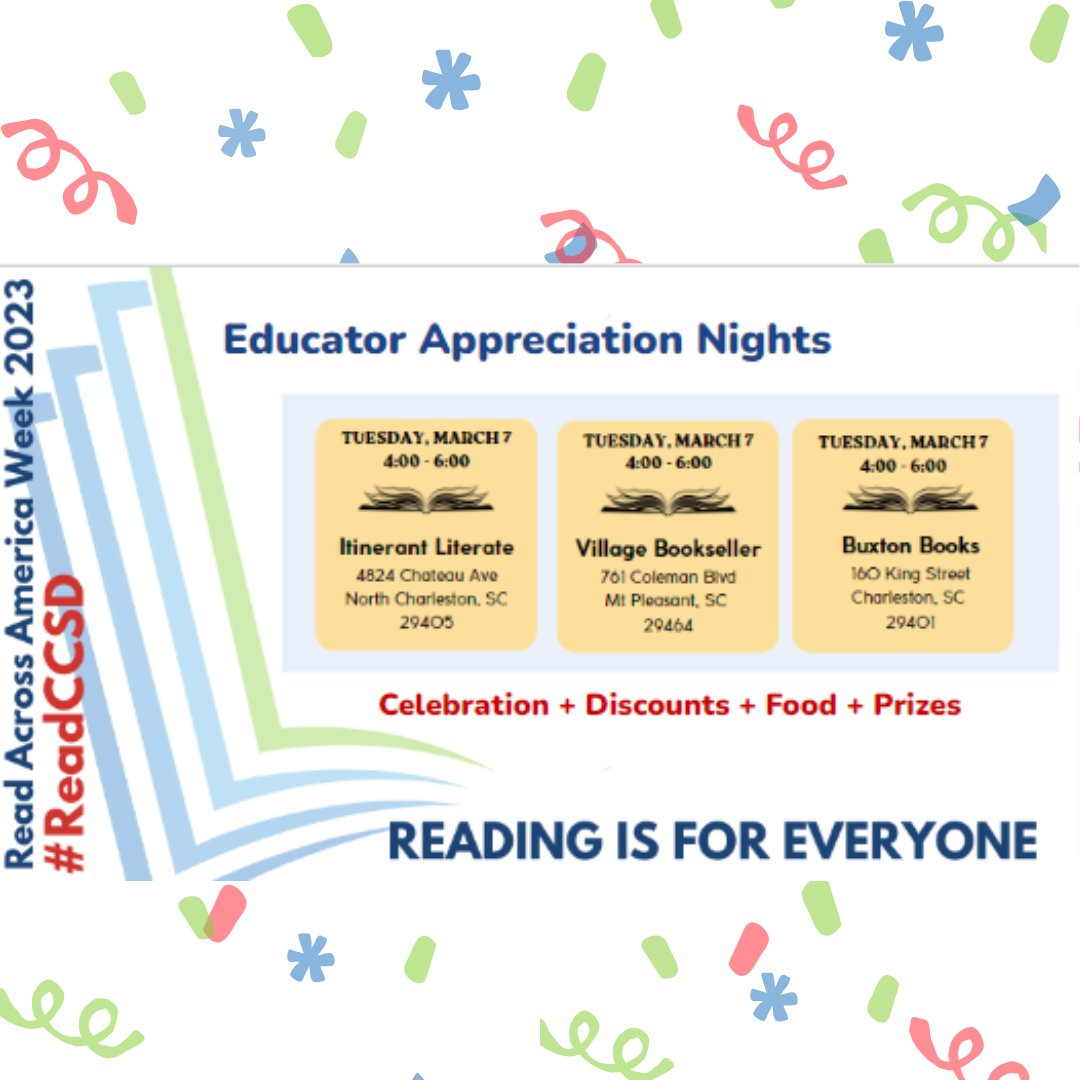 Our Read Across America Week celebration includes special educator appreciation events at local bookstores! Join us for food, prizes & discounts this Tuesday, Mar 7th from 4-6 PM! @CCSDConnects