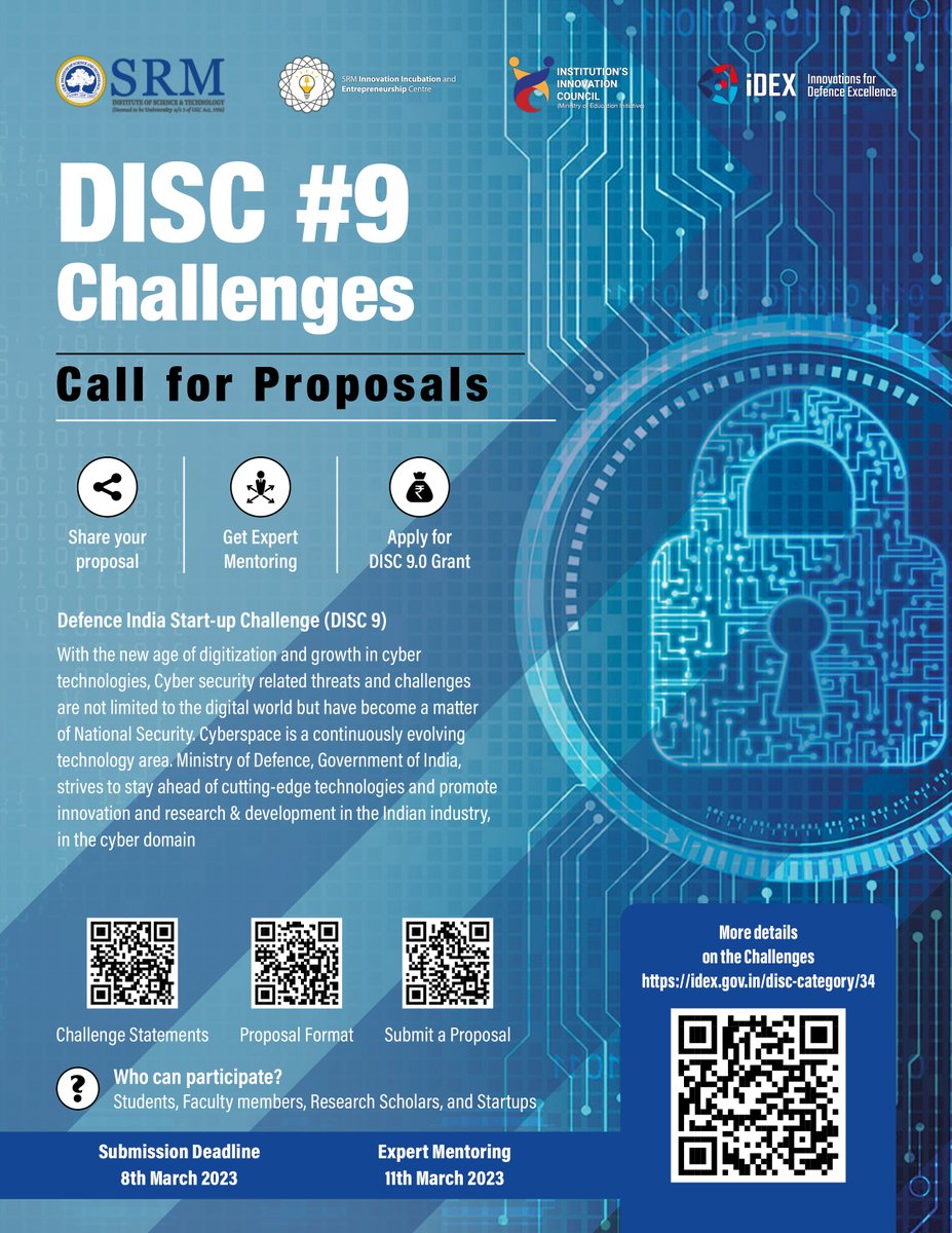 SRM_DEI's tweet image. Dear Innovators, We are accepting proposals for the "Defence India Start-up Challenge - #9". 
Submission Deadline: 08/03/23
Expert Mentoring: 11/03/23
#srmist #defence #innovation #challenge #solution #idex #innovate #entrepreneurship #startup