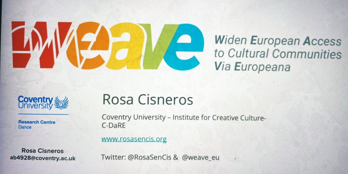 Our final speaker today is <a href="/RosaSenCis/">Rosamaria K Cisneros 💛❤️</a> from <a href="/CDaRE_CU/">C-DaRE</a> who’s sharing with us how the <a href="/weave_eu/">WEAVE</a> project used dance to help tell the stories contained within tangible and intangible cultural heritage content  <a href="/Europeanaeu/">Europeana</a>