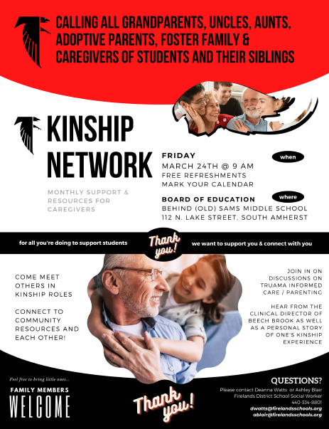 Comet_Connect's tweet photo. @AEVSDSocialWork received info about a Kinship Networking event &amp; wanted to share w/ our Comet Community. This event will be held at the Firelands BOE &amp; is open to anyone who is in a kinship role &amp; in need of monthly support &amp; resources. See the flyer below for more info! https://t.co/rJDiZb2w0E