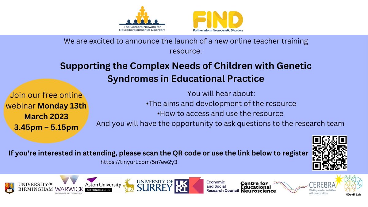 Jo Moss (@joannafmoss) on Twitter photo 📢Join our free webinar on 13th March when we launch new teacher resource; Supporting the Complex Needs of Children with Genetic Syndromes in Educational Practice. Link & QR code to register below👇#SEND #SEN #RareDiseases <a href="/CerebraNetwork/">Cerebra Network</a> <a href="/CerebraCharity/">Cerebra</a> <a href="/UoL_CEN/">Centre for Educational Neuroscience</a> <a href="/ESRCimpact/">University of Surrey ESRC IAA</a> 1/3 📢Join our free webinar on 13th March when we launch new teacher resource; Supporting the Complex Needs of Children with Genetic Syndromes in Educational Practice. Link & QR code to register below👇#SEND #SEN #RareDiseases <a href="/CerebraNetwork/">Cerebra Network</a> <a href="/CerebraCharity/">Cerebra</a> <a href="/UoL_CEN/">Centre for Educational Neuroscience</a> <a href="/ESRCimpact/">University of Surrey ESRC IAA</a> 1/3