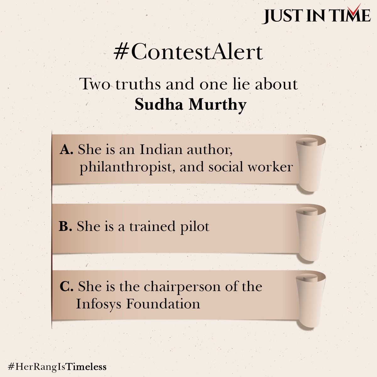 justintimewatch's tweet photo. Ready for a challenge? Here are 2 Truths and 1 lie about the legendary Sudha Murthy – can you spot the lie? Share your answer in the comments below for a chance to win. 

(Check the rules below) https://t.co/VIHtA9Nsbp