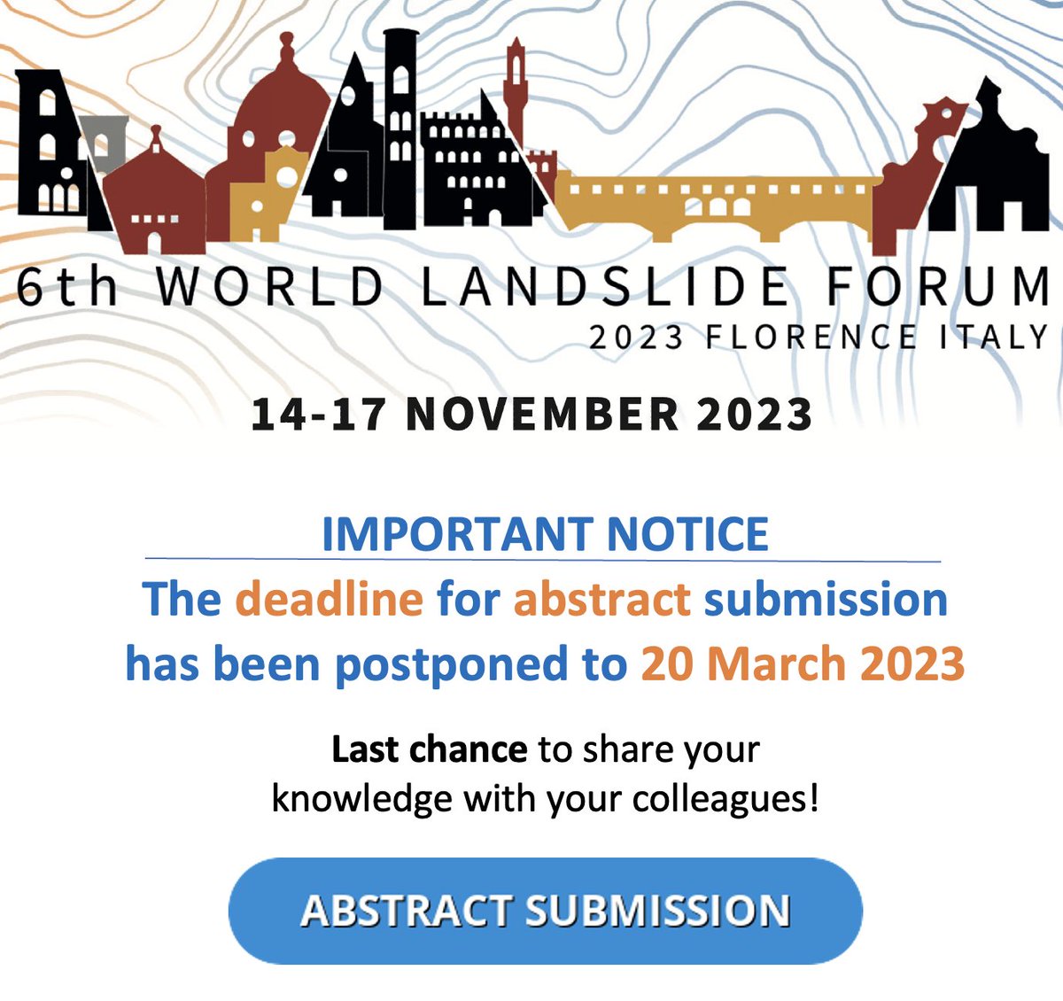 ❗️If you thought you have missed abstract submission for the 6th World Landslide Forum, worry no more!🚨 Deadline extension to March 20th. We would like to invite you to submit an abstract to the 𝗦𝗲𝘀𝘀𝗶𝗼𝗻 𝟱.𝟮 "𝗟𝗮𝗻𝗱𝘀𝗹𝗶𝗱𝗲𝘀 𝗶𝗻 𝘁𝗵𝗲 𝗰𝗼𝗹𝗱 𝗲𝘅𝘁𝗿𝗲𝗺𝗲𝘀" 1/