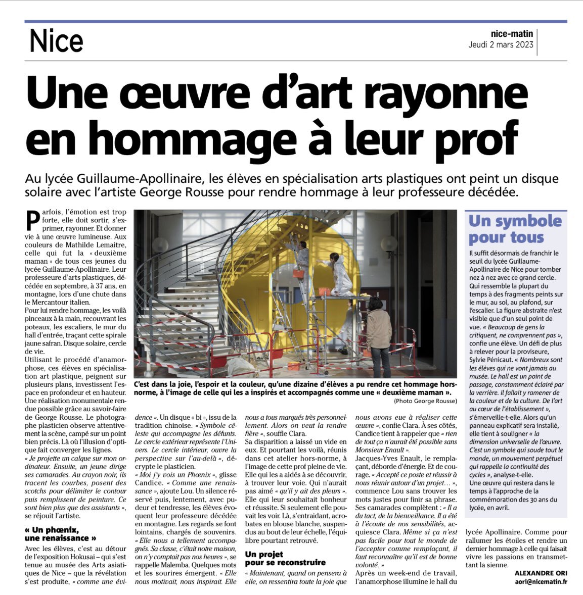 #Artsplastiques Projet enseignant JY.Enault et artiste G.Rousse réalisé avec passion au <a href="/lyc_Apollinaire/">Lycée Apollinaire (Nice)</a> <a href="/AcademieNice/">Académie de Nice</a> / écoute et accompagnement administratif &amp;financier de @PenicautS /générosité de l’artiste travaillant avec les élèves depuis samedi 🤩🤗