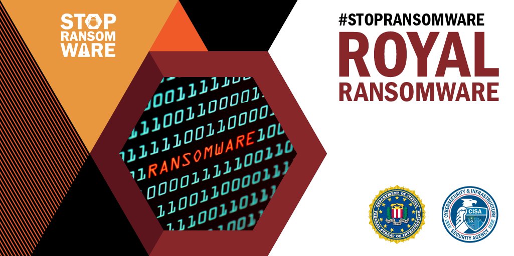 CISACyber's tweet photo. 📢 @CISAgov &amp; @FBI published a #cybersecurity advisory providing #TTPs, #IOCs &amp; other technical details on how actors are using #RoyalRansomware to target critical infrastructure &amp; businesses. Review the advisory at https://t.co/m6ZiAcSqRJ today❗ 

#StopRansomware https://t.co/r3c1tgIv7H