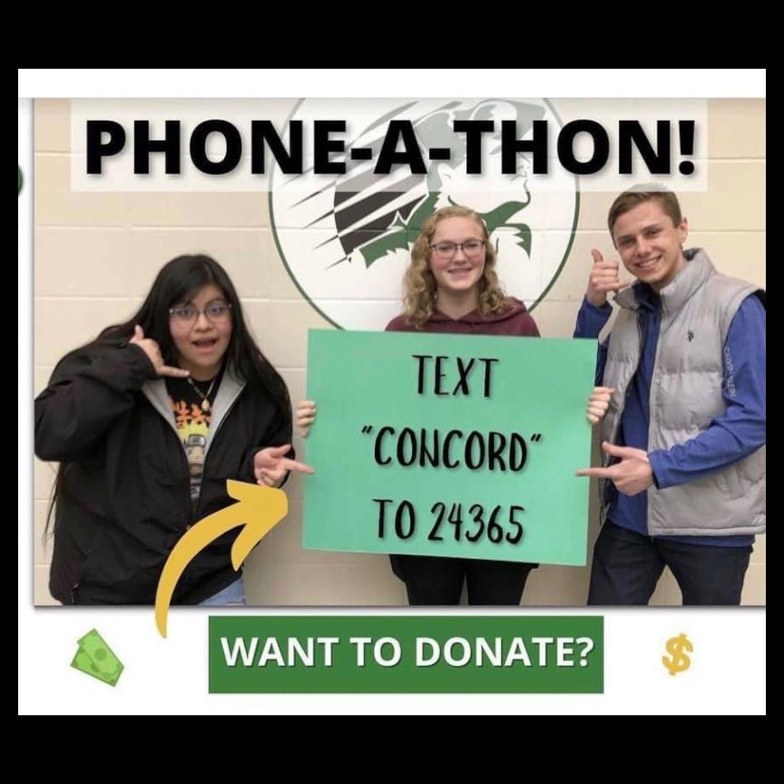 ConcordDFS's tweet image. The Phone-A-Thon is here once again! March 6, 7, &amp;amp; 8 Concord students will be making calls from 5:30-9:00pm asking for donations. If you’d like to donate now use the text to donate option!