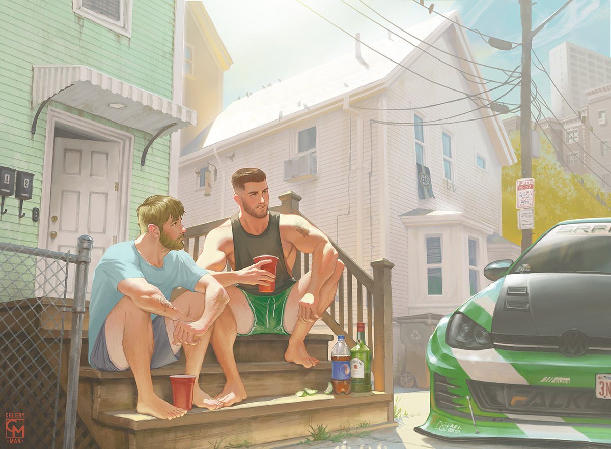 Eddie &amp; Seamus ⚓🍀

sitting outside their apartment on a summer sunday! really loved painting this one, hope you guys enjoy getting a peek at their world too 💚