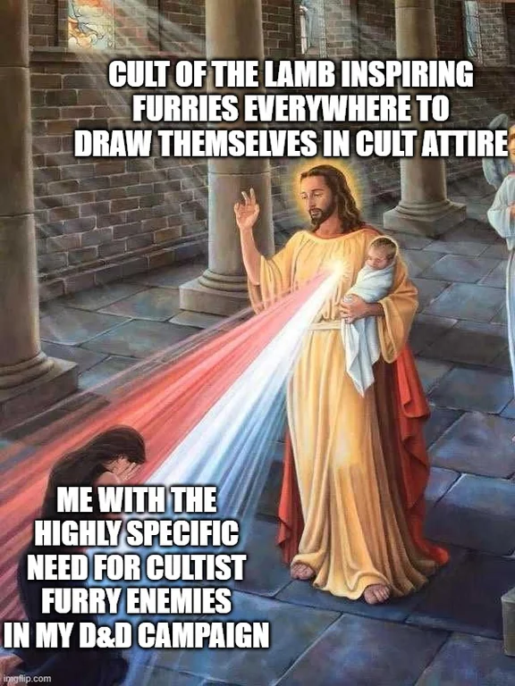 TigerKirby215's tweet photo. May as well ping @cultofthelamb for this meme I made about my @plusthreepress #Crystalpunk #DnD #dnd5e campaign https://t.co/yenNFJ04TI