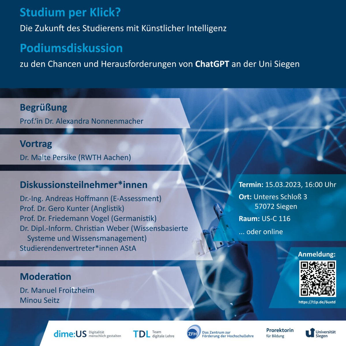 Die hybride Podiumsdiskussion „Studium per Klick? Die Zukunft des Studierens mit Künstlicher Intelligenz“ widmet sich den Chancen und Herausforderungen von ChatGPT an der Uni Siegen. Wann: Mittwoch, 15. März, ab 16 Uhr dime.uni-siegen.de/podiumsdiskuss…