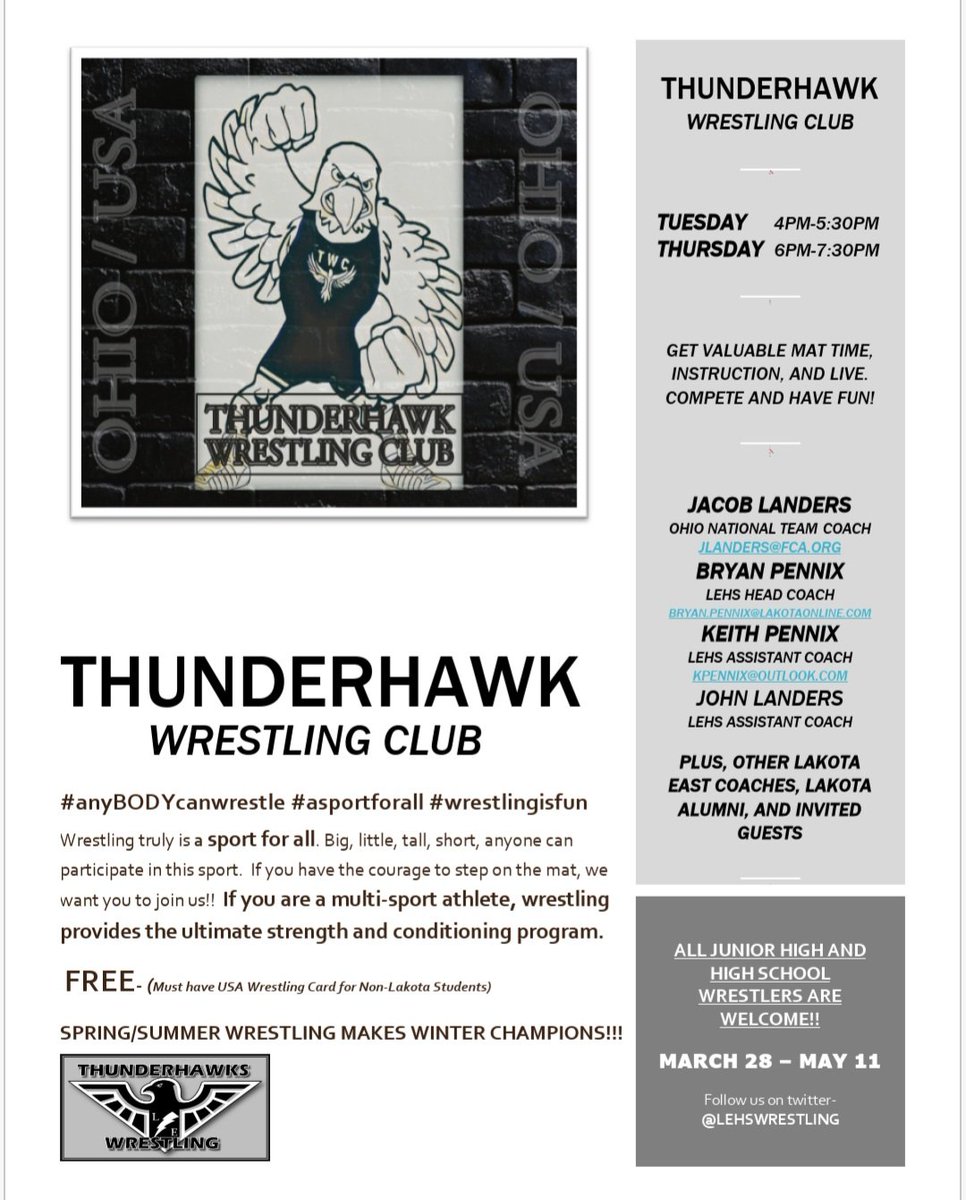 ATTENTION ALL WRESTLERS!! 3/28-5/11  T/TH @ Lakota East
☆☆FREE WRESTLING CLUB☆☆
       ☆FREESTYLE/GRECO☆ 
                ☆JrHigh &amp; Up☆
☆☆ALL SCHOOLS WELCOME☆☆
             (see flyer for details)
<a href="/USAWrestling_OH/">USA Wrestling Ohio</a>