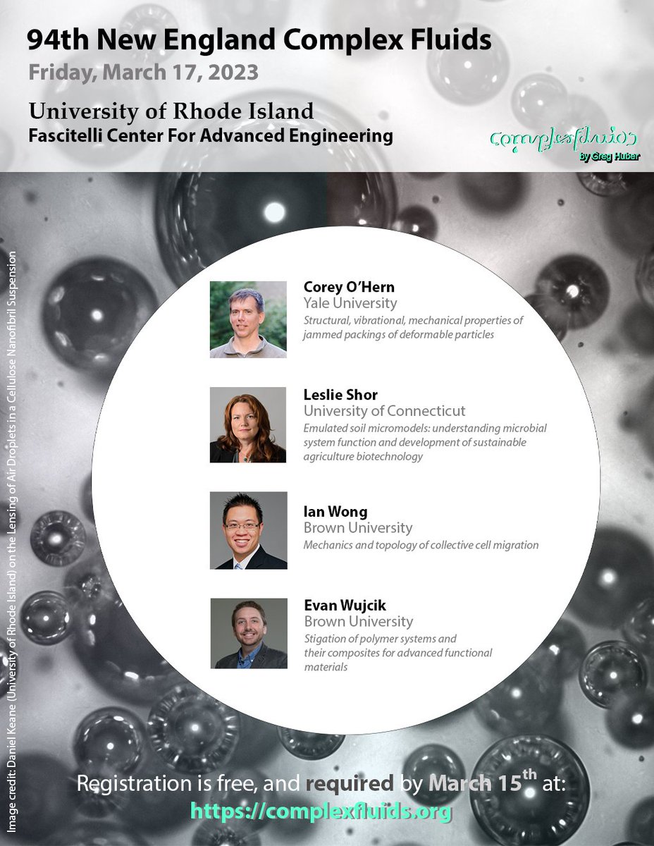 Excited to be hosting the next meeting of New England Complex Fluids <a href="/universityofri/">URI</a> on March 17th!

We have a great program including invited talks from Dr. Corey O'Hern, Dr. Leslie Shor, <a href="/ianywonglab/">Ian Wong Lab at Brown. 🟦ianywonglab</a>, and @Evan_K_Wujcik 

Submit abstracts by March 15th! Hope to see you there!