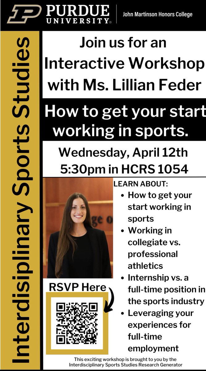 Join me and <a href="/PurdueHonors/">Purdue University | John Martinson Honors College</a> on April 12th to talk about how you can get your start #workinginsports ! Registration is live now