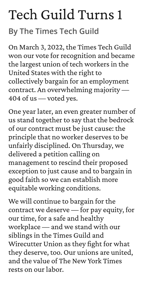 Our union turns 1 year old tomorrow! Happy birthday to us!!! 🥳🎂🎈

Here's a little bit about what we've been up to! This morning, we delivered petition to management signed by hundreds of workers fighting for Just Cause ✊🏽✊🏾✊🏻✊🏿✊🏼✊ Solidarity forever ~
x.com/NYTimesGuild/s…