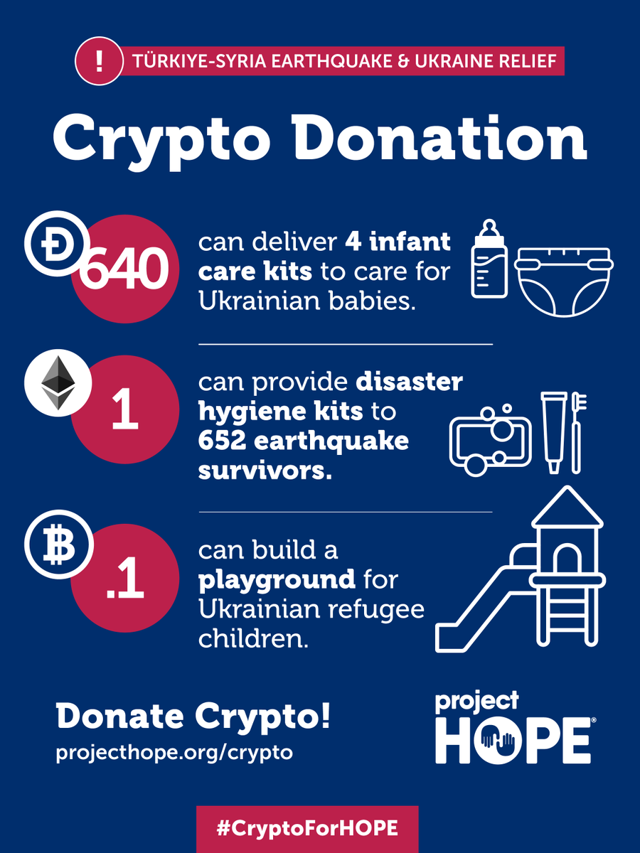 projecthopeorg's tweet photo. You can donate #crypto to support relief for people affected by crises in Türkiye & Syria, Ukraine, and around the world. Our teams are working worldwide to meet urgent health needs and save lives.
Donate via @TheGivingBlock at https://t.co/9niDCUtdZf. #CryptoForHOPE https://t.co/sjUj7hQOOI