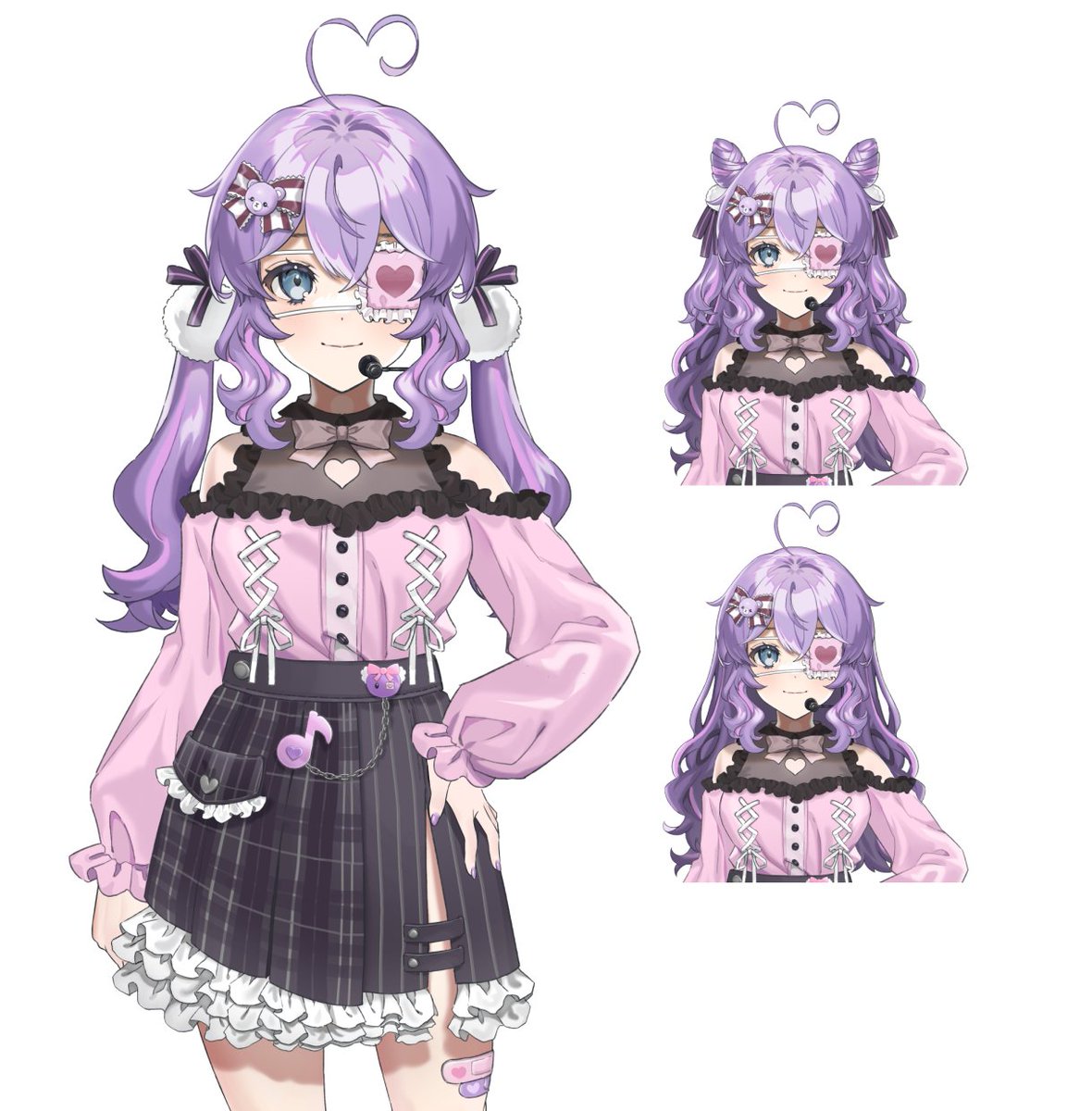 1girl purple hair skirt blue eyes eyepatch multiple views heart  illustration images