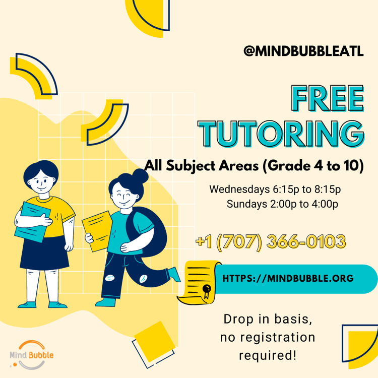 MindBubbleAtl's tweet photo. What are your plans for the weekend? Join us for tutoring on Sunday afternoon via Zoom! https://t.co/a6gHpHjVuq