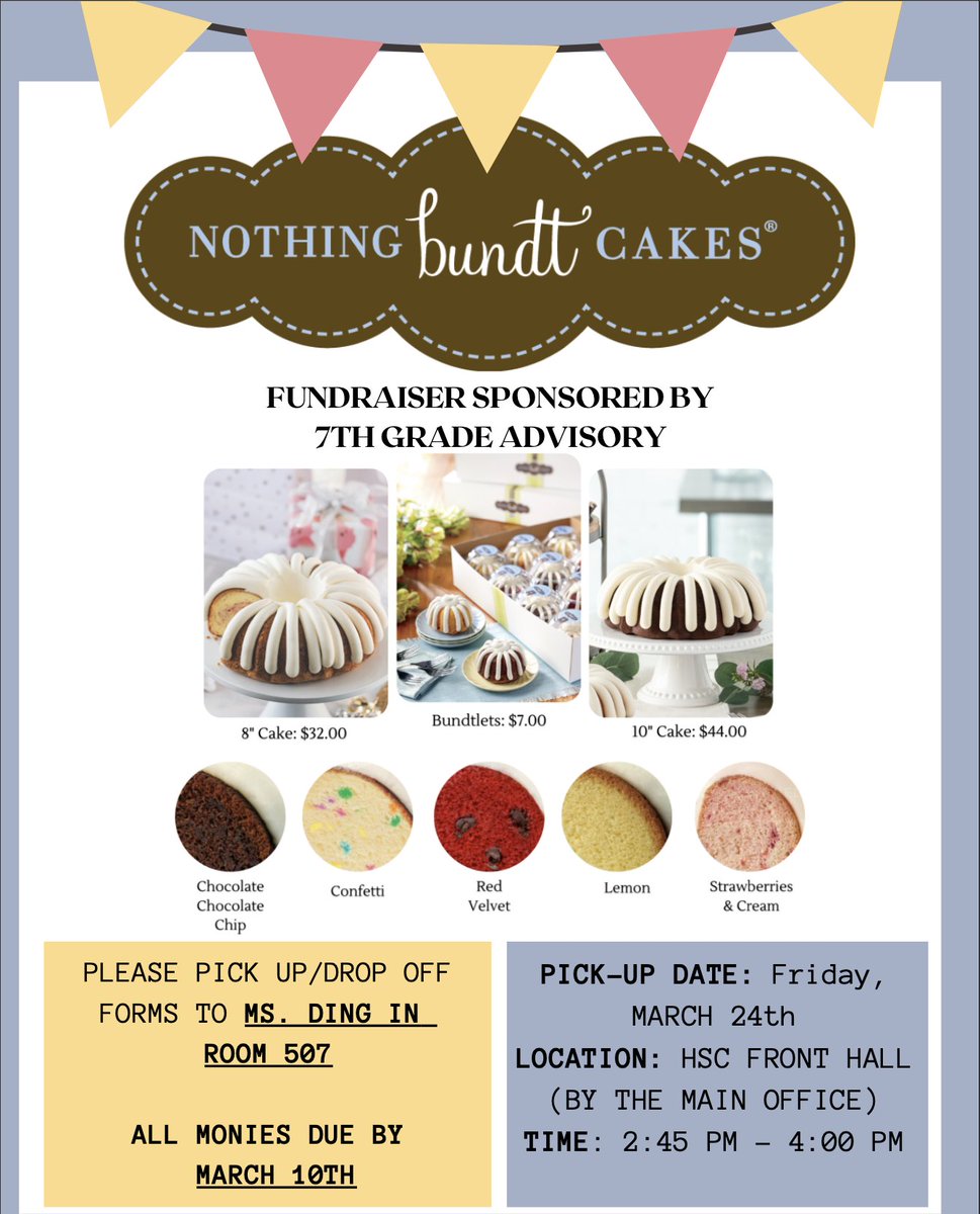 MsDingSGS_FTPS's tweet image. 7th grade is doing a Nothing Bundt Cake Fundraiser! Support our field trip to iPlay American and order a cake! forms.gle/PJ2WRmJwnguPjD…