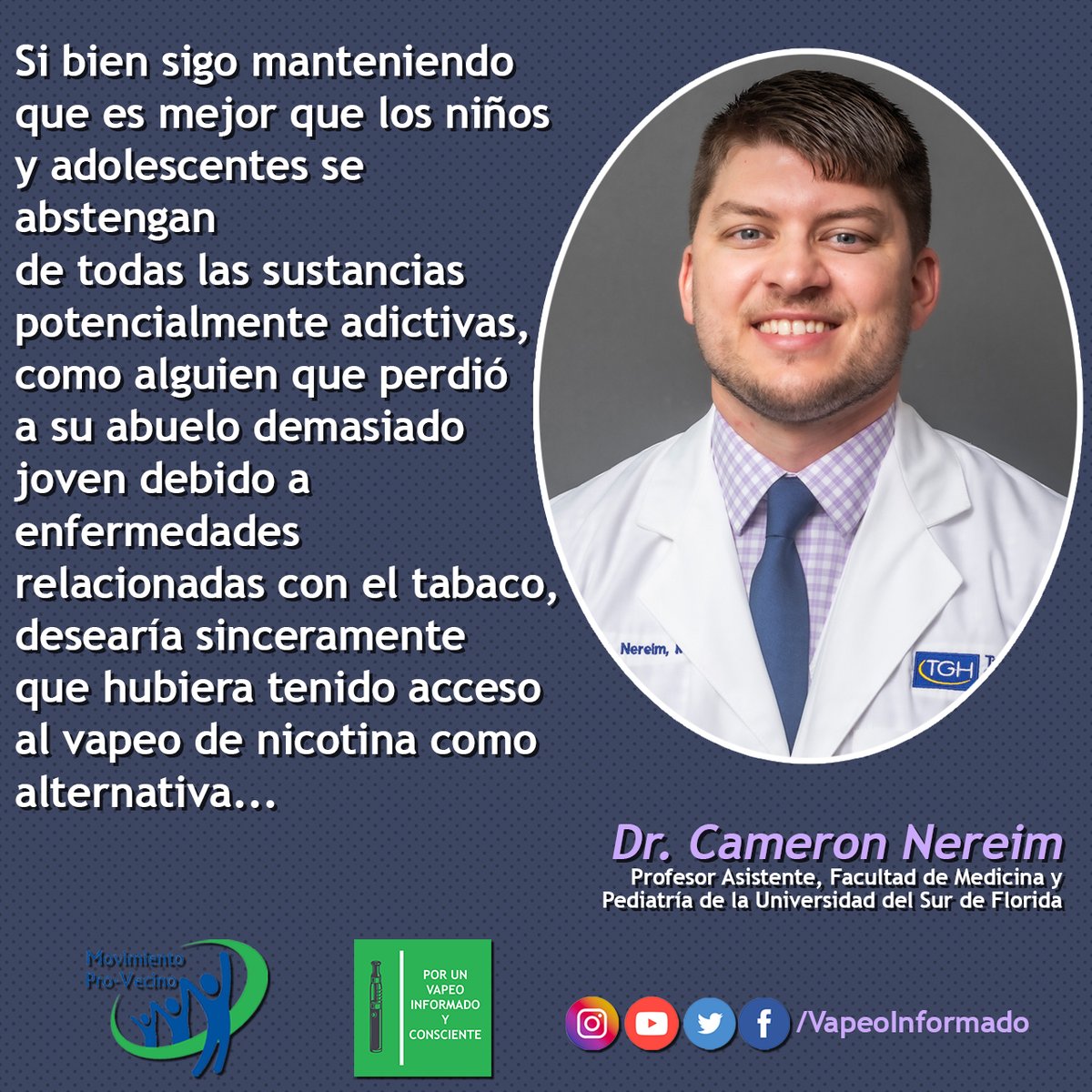 VapeoInformado's tweet photo. ¿Qué dicen los expertos de la salud respecto al vapeo? Esto nos dice el @DrCamNereim de @USFHealth.
#VapeoInformadoYConsciente https://t.co/m1NGrYTqJR