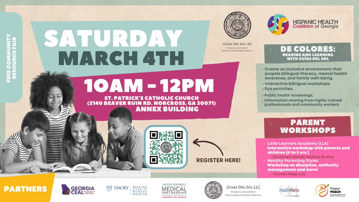 This Saturday, March 4, from 10AM - 12PM, we will have the great joy of being able to take part in the free community resource fair. 

For more information and to register visit: buff.ly/3SFXIGq 
#HHCGA #HispanicHealth #BilingualEvent #HispanicsInAtlanta #LatinosEnAtlanta