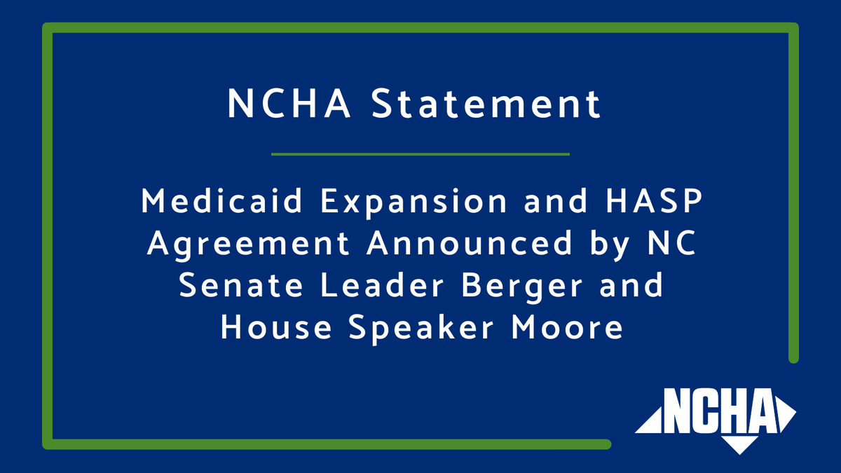nchospitals's tweet photo. NCHA congratulates and thanks the House and Senate leadership on reaching an agreement on HASP and #Medicaidexpansion. This landmark legislation will improve access to health care coverage for approximately 600,000 North Carolinians. #ncpol #ncga More: https://t.co/Ni7p9OGoki https://t.co/vsK8xOjBcV