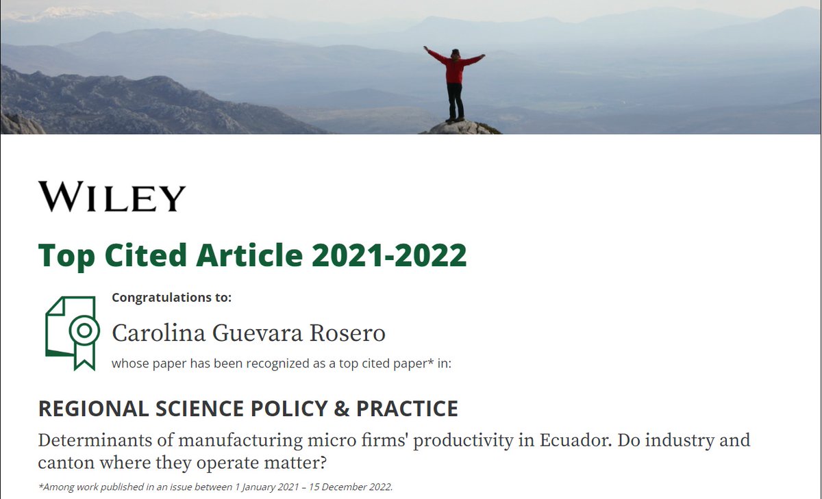 EPNEcuador's tweet photo. 👏🏽La #EPN felicita a la Dra. @CarolinaGuevar9 por el alto de impacto de su artículo:
📑"Determinants of manufacturing micro firms’ productivity in Ecuador. Do industry and canton where they operate matter?", en la revista Regional Science Policy & Practice. https://t.co/c0Q4CQcGUt