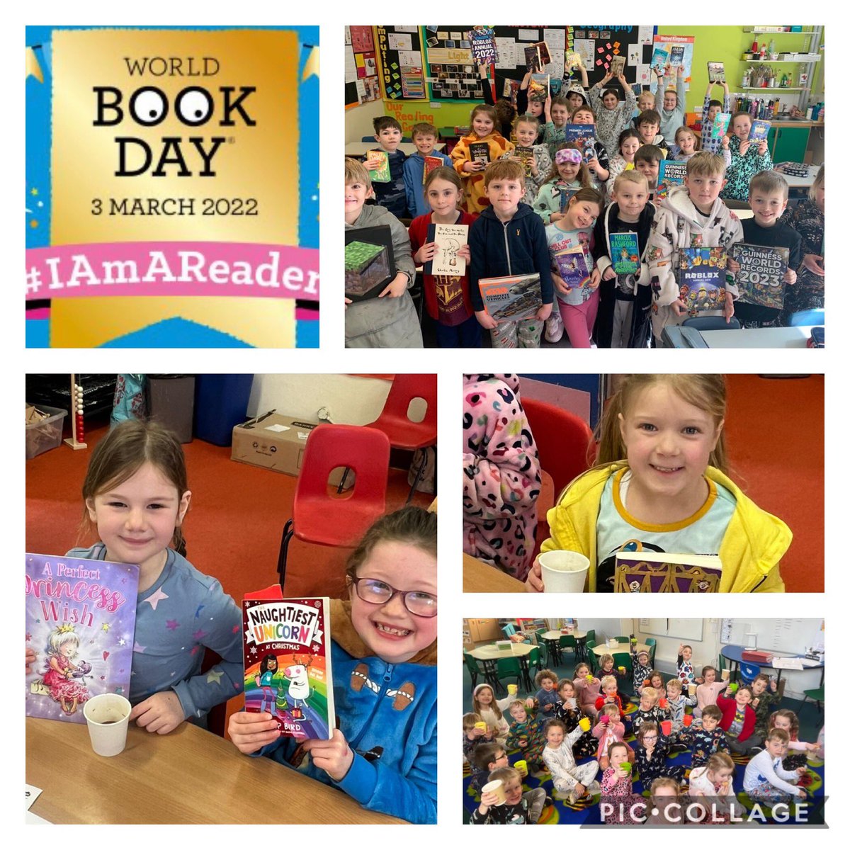 Celebrating ⁦@WorldBookDayUK⁩ with our favourite stories & hot chocolate in our pjs. WE ARE READERS! 😍 #IAmAReader #worldbookday2023