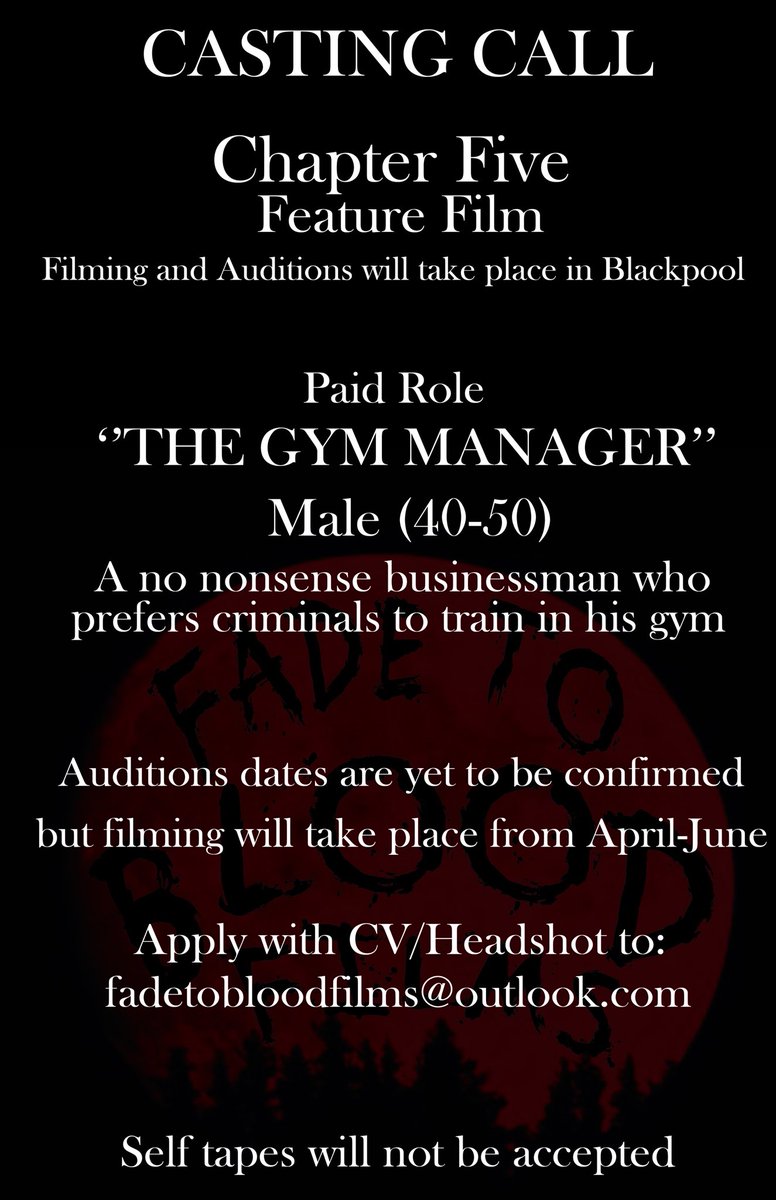 rogerhay_actor's tweet photo. ***CASTING CALL***
CASTING HAS BEGUN FOR THE NEXT FEATURE FILM ''CHAPTER FIVE''
read the posters to see if you fit the criteria and apply by emailing a CV/Headshot/Showreel to fadetobloodfilms@outlook.com
Auditions will be in 3 weeks in Blackpool where filming will take place https://t.co/MAVTZjgj0x