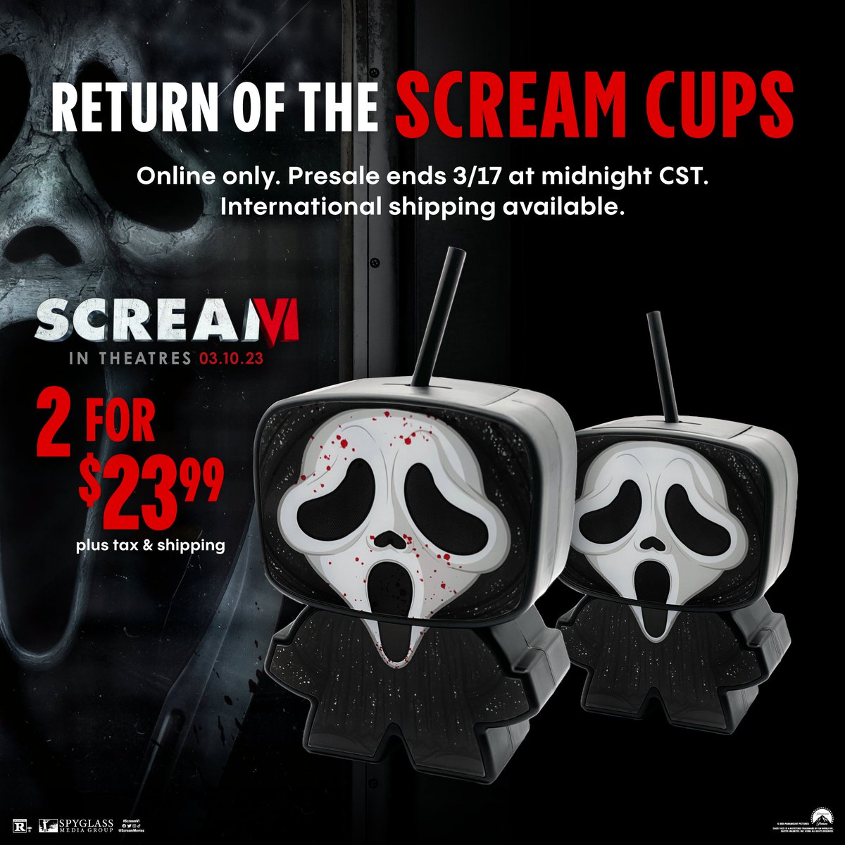 We heard you, Scream fans 🙌

We are opening up a PRESALE for our #Ghostface cups! International shipping is available.

More details &amp; link to purchase here: cinemark.com/collectiblepop… #ScreamVI