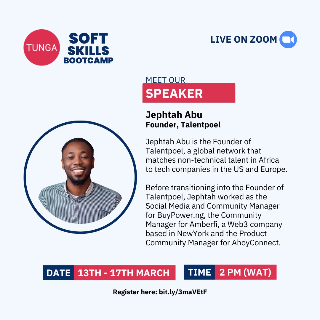 tunga_io's tweet photo. We're thrilled to have @jephtahA_, founder of Talentpoel, as one of the speakers for our upcoming Soft Skills Bootcamp! Jephtah will be sharing strategies and solutions for navigating risks in the workplace. Register now - https://t.co/f1knGV5Ogn
#SoftSkillsBootcamp #JoinTunga https://t.co/fcgHSsgqht