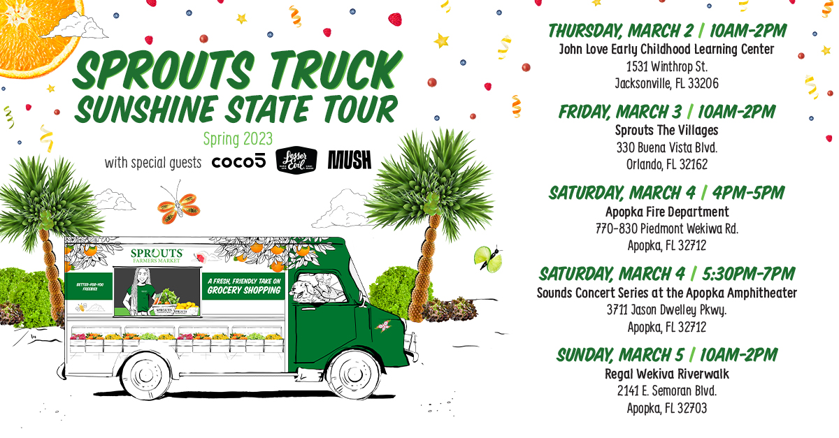 Beep beep! Florida, the @sproutsfm Truck is headed your way! Come visit us at our pop-up stops in Jacksonville and Orlando this week to experience tasty samples, Sprouts freebies and giveaways, locally grown #Florida produce and so much more! Use #SproutsOnTour to follow along!