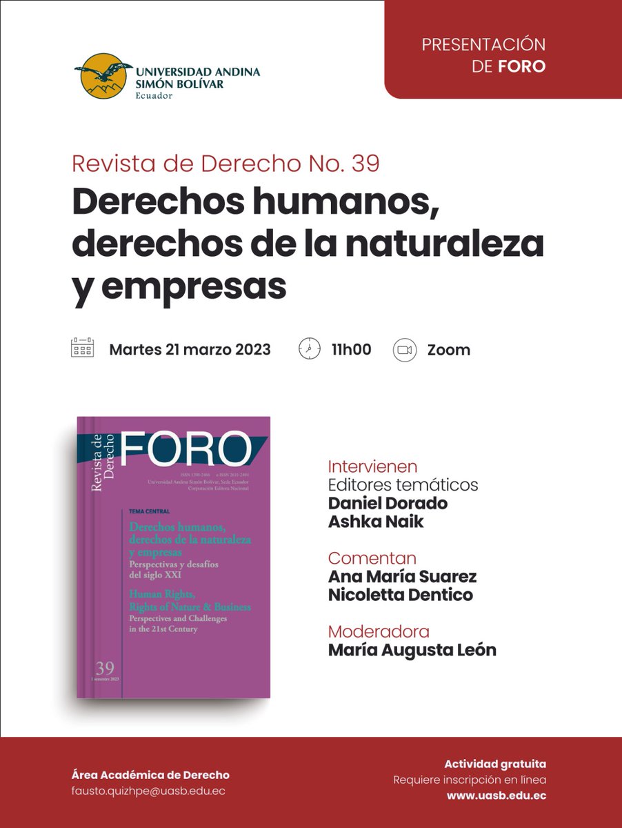 Derecho_UASB's tweet photo. ✅Universidad Andina Simón Bolívar - Sede Ecuador
🟨Presentación de la Foro Revista de Derecho No. 39. Derechos humanos derechos de la naturaleza y empresas
🟧Inscripciones: https://t.co/3IlE5l7JI3
🟥#humanrights #books #economy #empresas #enterprise #Latinoamérica #latinamerican https://t.co/L89EfVxSQn