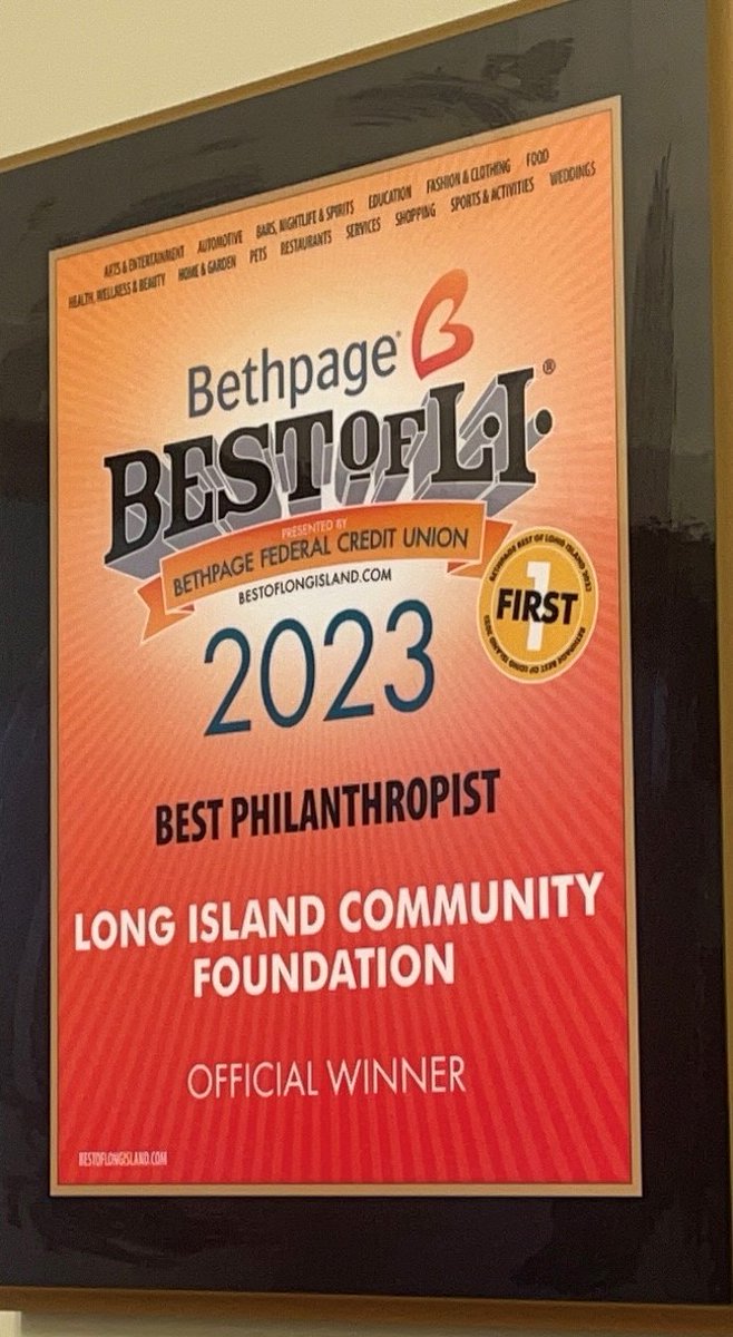 Our proud display of the Best of Long Island award! Best Philanthropist! Thanks again to all that voted for us!